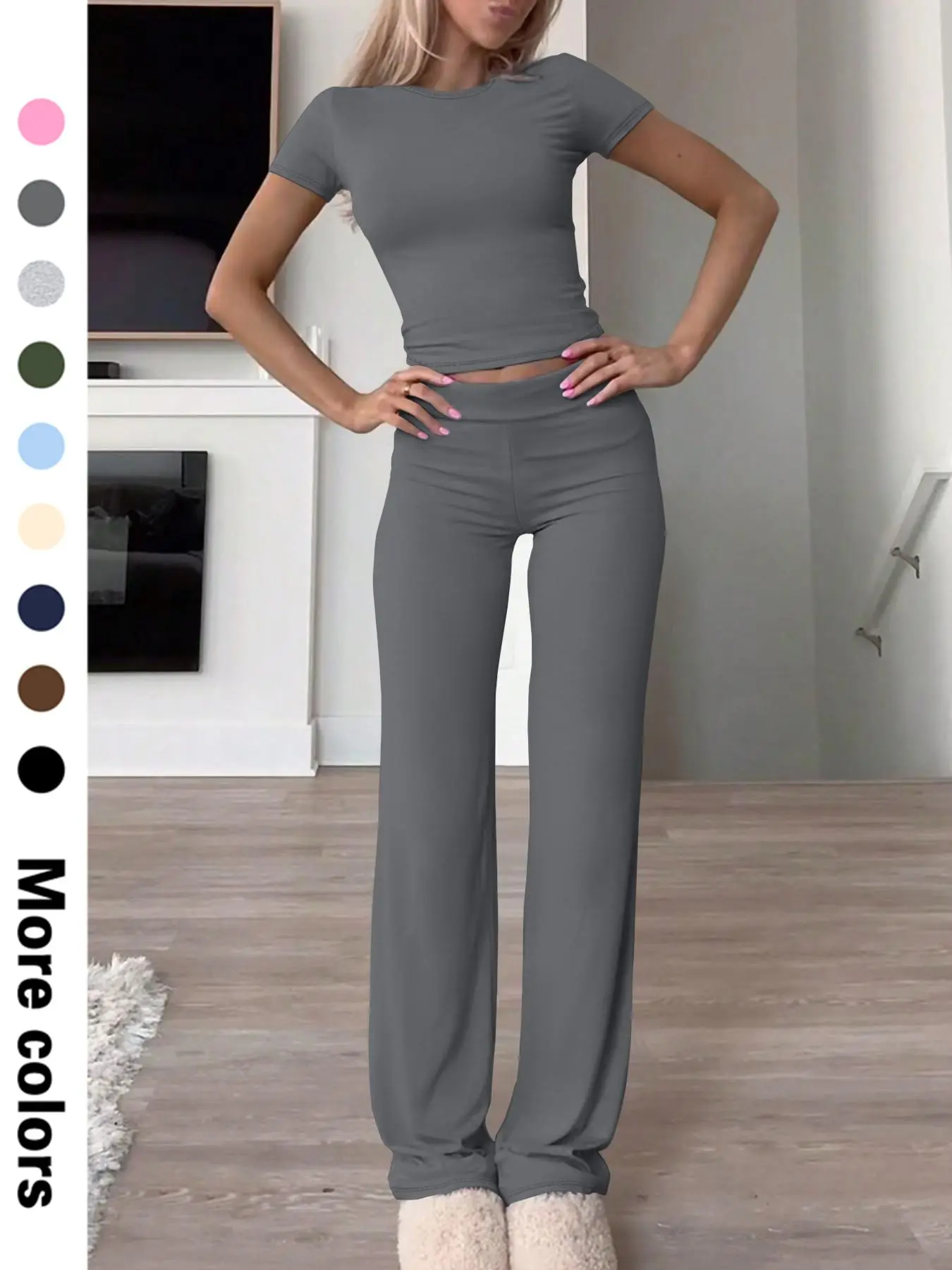 Women's Solid Short Sleeve Top & Pants Two-piece Set, Casual Fashion Cozy Breathable Two Piece Outfits for Daily Outdoor Wear, Ladies Clothes for All Seasons, Two Piece Set Women