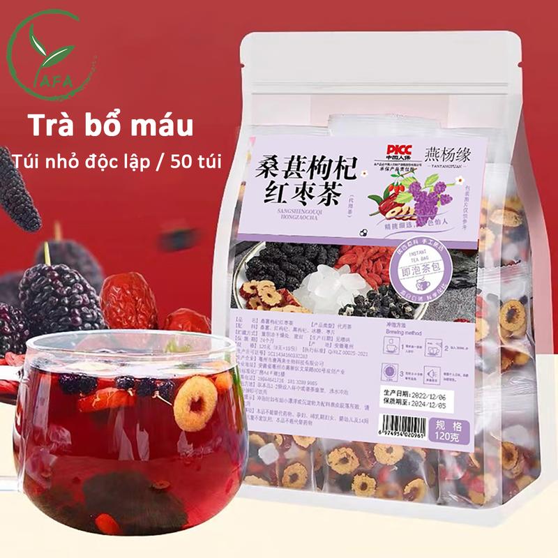 Trà bổ máu 50 gói x 8gr Trà thảo mộc gồm Hắc kỷ tử Kỳ tử đỏ Dâu tằm Táo đỏ Đường phèn Trà bồi bổ khí huyết Mát Gan Nuôi dưỡng thận Đẹp Da Giảm Mụn Giảm Chóng Mặt Ù Tai Yafa