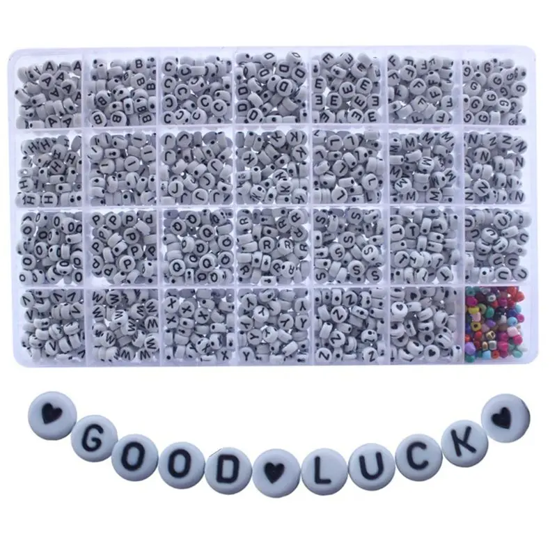 RUNZE 1600Pcs 28 Grid Acrylic White Round Beads Black A-Z Letter Alphabet Heart Pattern for DIY Bracelet Jewelry Making