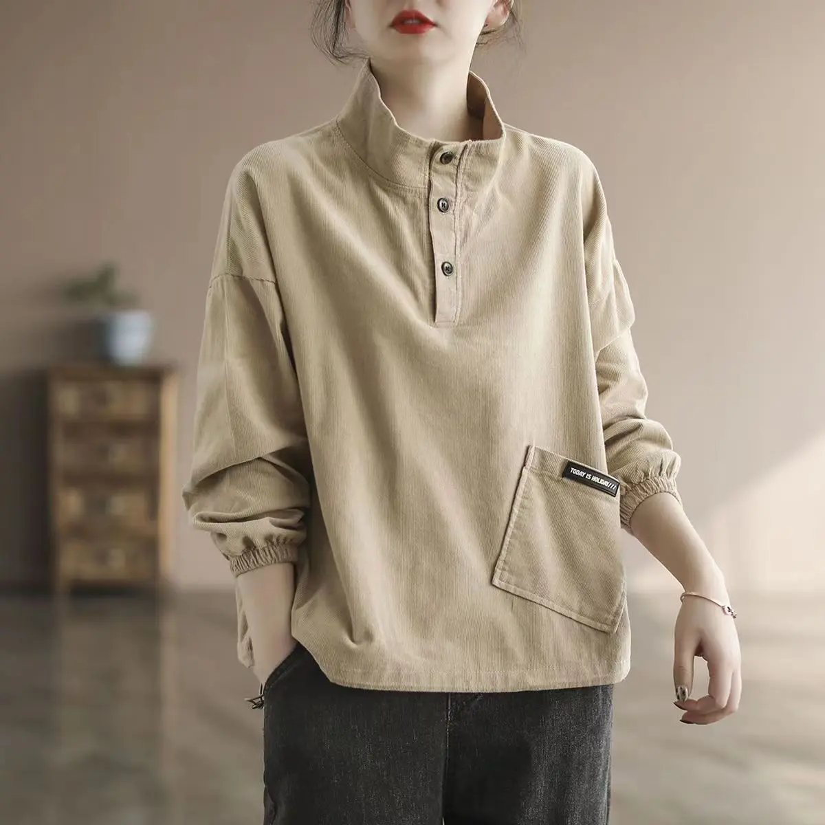 Áo Len Cổ Chân Đế Chất Liệu Vải Nhung Kẻ, Dành Cho Nữ, Mùa Xuân Và Mùa Thu, Ngoại Cỡ, Dáng Rộng Rãi Và Mỏng Vừa Vặn, Thiết Kế Đóng Nút, Phong Cách Hợp Xu hướng Áo Khoác Áo Chui Đầu