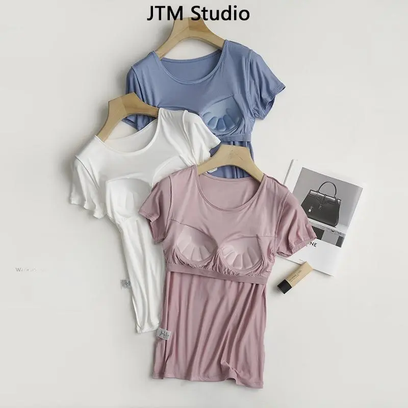 READY STOCK Women Chest Padded TShirts Casual Breathable O-Neck Short Sleeve T-shirt