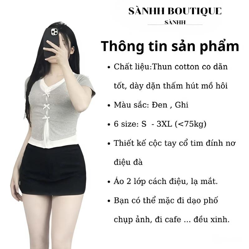Product Introduction of Áo Thun Cotton Cộc Tay- Cổ Tim Đính Nơ 2 Lớp- Phối Màu Điệu Đà- Form Ôm- Mã 376 4