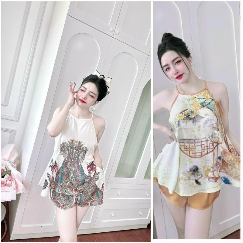 Set bộ yếm quần Nữ chất liệu lụa latinh nhung thoáng mát, mềm mịn, thoải mái, Bộ Ngủ Women mặc nhà quần áo màu kem nhiều màu T1