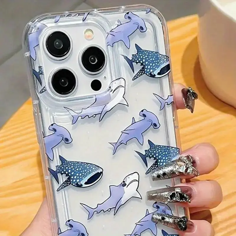 Cute Shark Pattern Phone Case, Decorative Phone Protector Cover, Phone Accessories Compatible with iPhone 11 12 13 14 15 Pro Max 14 15 Plus, Casing 1