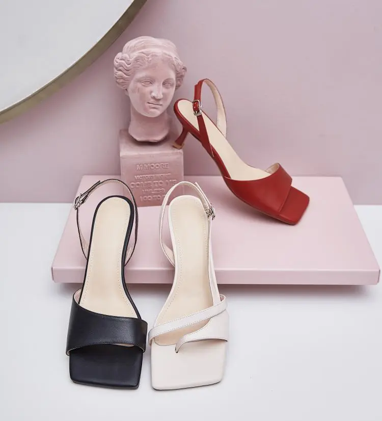 Comfortable open toed square toe thin heeled medium heeled shoes with asymmetrical square toe women's sandals Sandal Flat Wanita Sendal