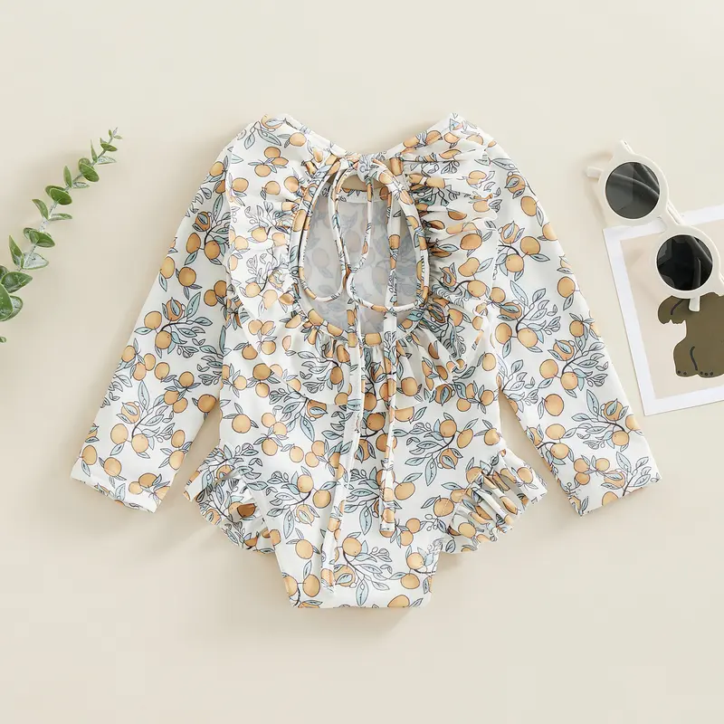 Đồ Bơi Mùa Hè Cho Bé Gái, In Hoa, Áo Jumpsuit Quần Dài Tay Áo Có Bèo Nhún Thích Hợp Cho Đồ Bơi, Đồ Đi Biển, Đồ Tắm 4
