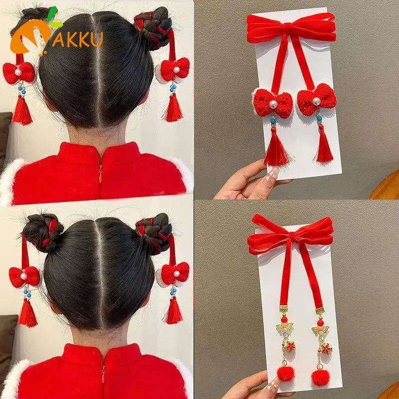 New Year Hairbands Girls Chinese Style Red Pendant Hair Rope Red Tassel Braided Hair Bells Streamer Headband Scrunchies AKKU
