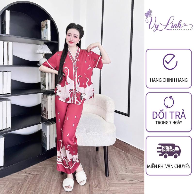 Bộ Đồ Pijama Cổ Y Dành Cho Nữ Hoạ Tiết Hoa Lá Chất Liệu Lụa Latin In 3D Mềm Nhẹ Mát S1080