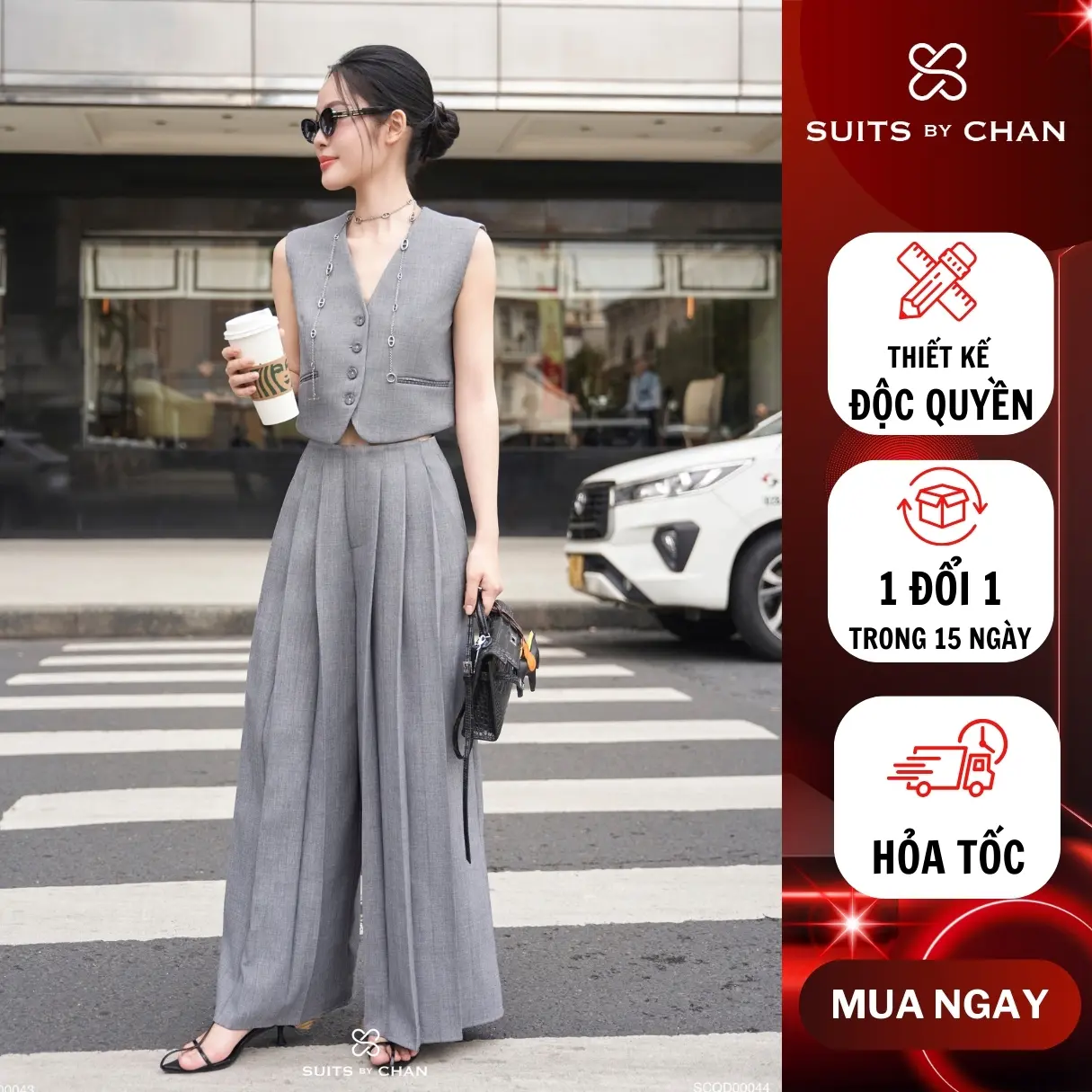 SUITS BY CHAN - Áo gilet croptop nhấn túi, Quần dài ống rộng dập li - SCAO00043 SCQD00044 Nữ Women
