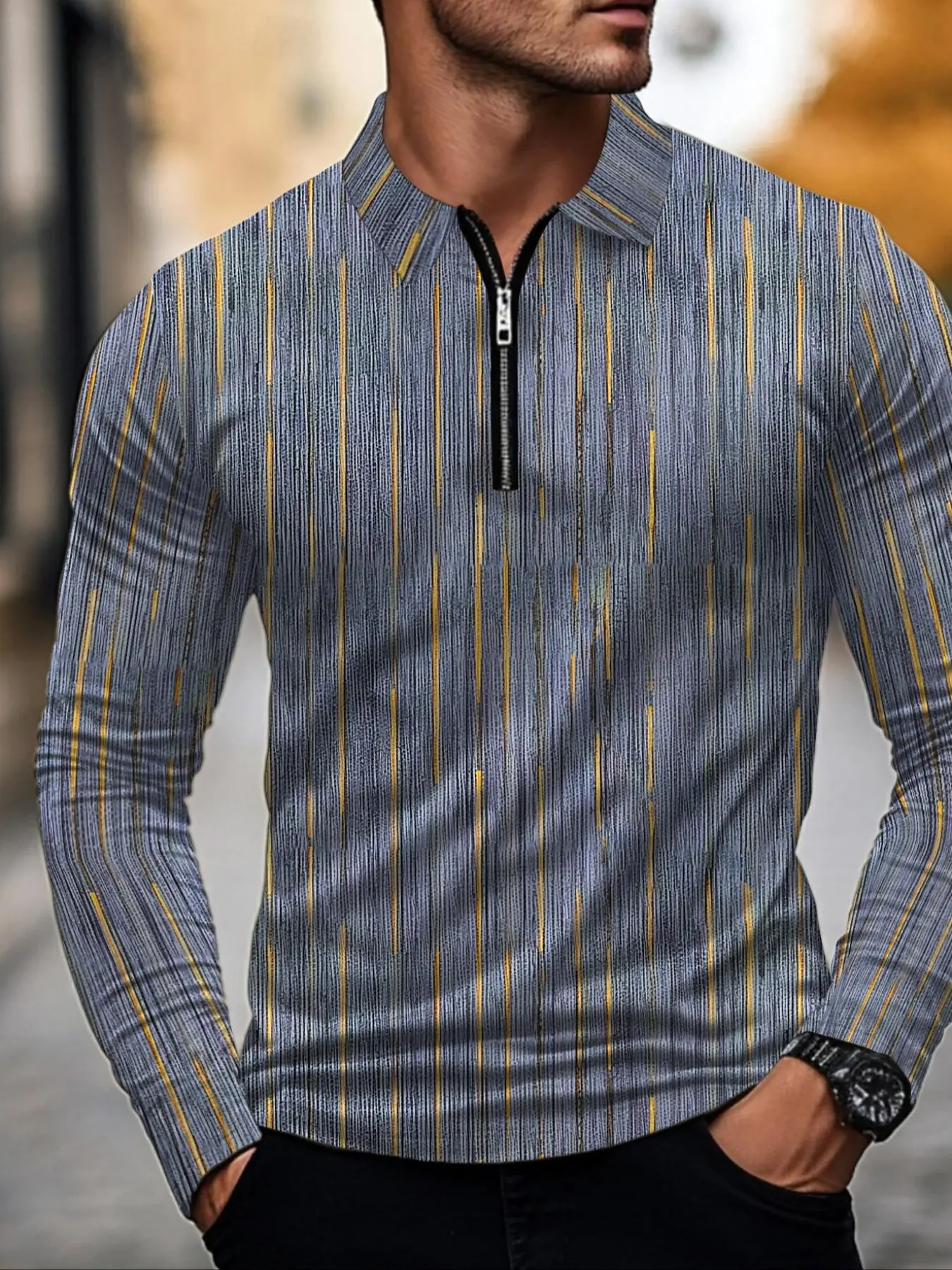 Men's Striped Print Zipper Polo Shirt, Regular Fit Casual Long Sleeve Collared Top for All Seasons, Fashion Men's Clothes for Daily Wear