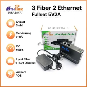 【SupportPOE】3F2E Fiber Optik Media  Converter Single Mode 2 Rj45 Dan 3 Sc Port 10/100Mbps Asli Import