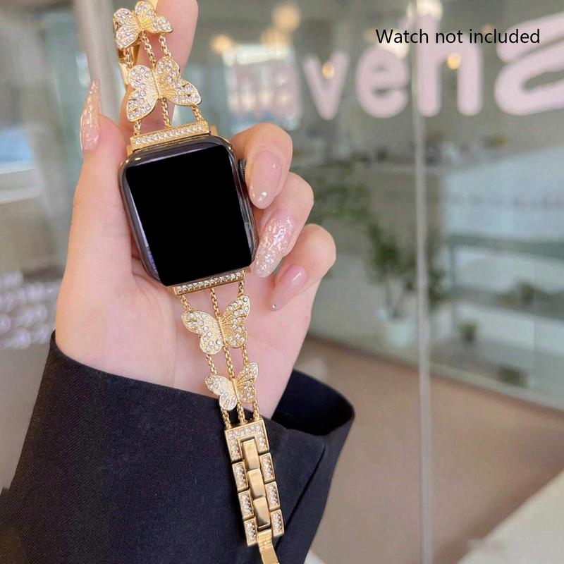 Rhinestone Butterfly Decor Watch Band, Luxury Fashion Smart Watch Band, Smartwatch Accessories Compatible with Apple Watch Series 9 8 7 6 5 4 3 2 1 SE 5