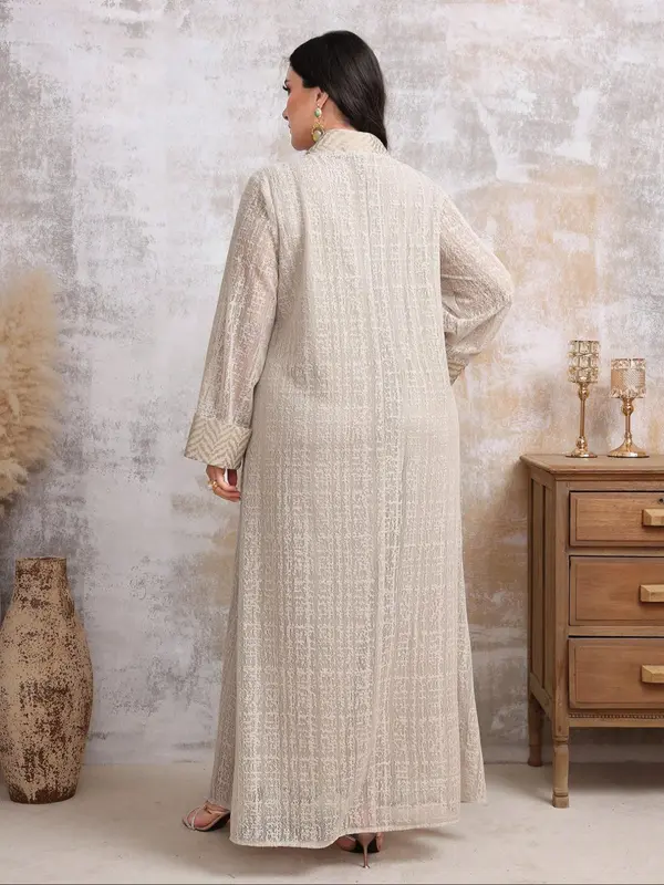 【Plus Size】 Fringe Trim Pocket V Neck Dress, Modest Long Sleeve Arabic Clothing for Women, Women's Islamic Clothing for Fall & Winter 1