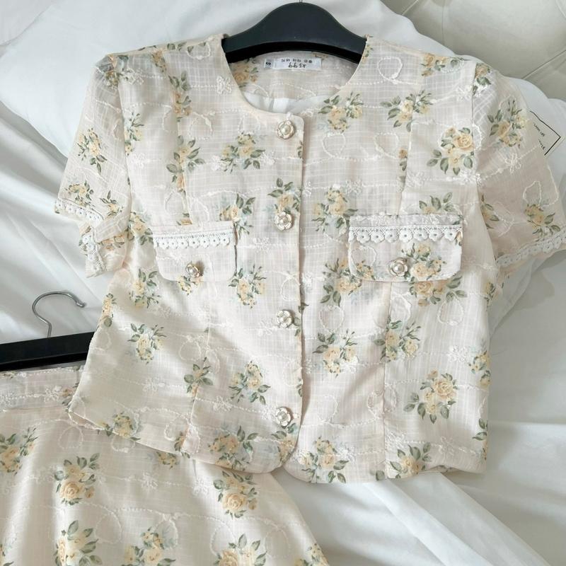Lita set bộ váy kèm áo hoa vàng cổ tròn tay ngắn mặc đi làm đi tiệc thanh lịch sang trọng V092 Nữ Women Voan Kem Dress 5
