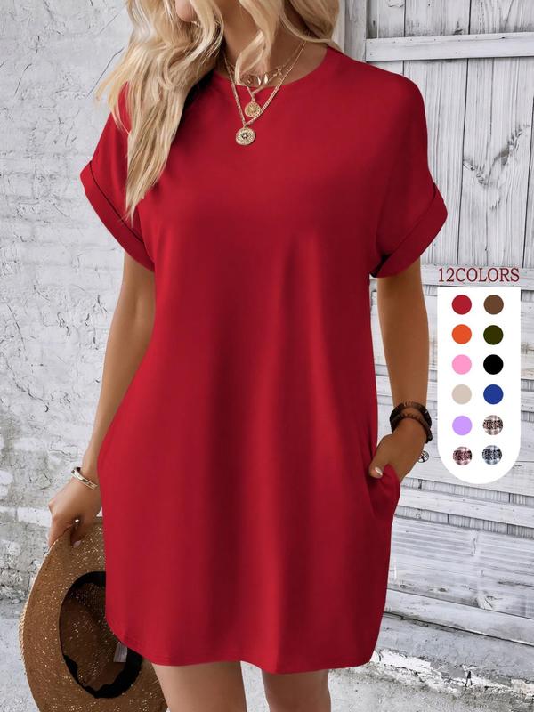 Women's Plain Pocket Round Neck Tunic Dress, The Red Dress, Summer Dresses 2024, Boho Batwing Sleeve Short Sleeve Dress, City Chic Dress UK, Holiday Dresses, Women's Clothing for Beach Vacation, Minimalistic Outfit, Wedding Guest Dress 1