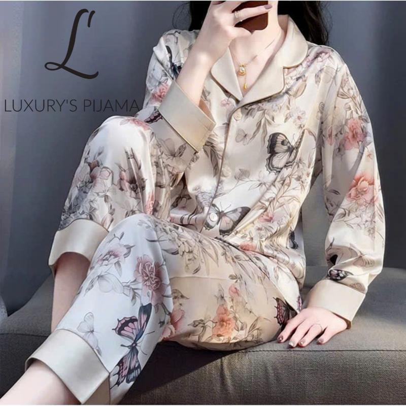 Đồ bộ LUXURY PIJAMA lụa latin cao cấp, mềm mịn sang trọng tay dài họa tiết hoa hồng đen TD021