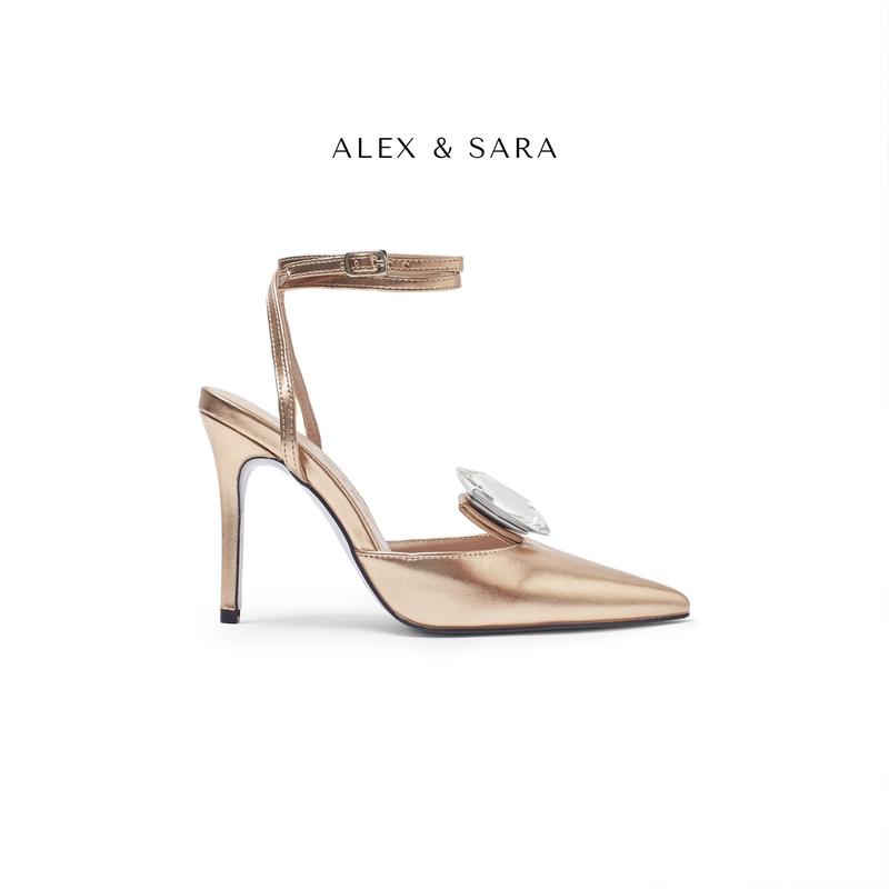 CEM01- Giày cao gót mũi nhọn điểm nhấn đá vuông sang trọng, độc đáo Alex Sara cao gót nữ