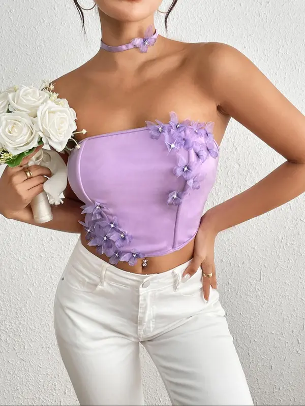 Women's Butterfly Decor Crop Tube Top ＆ Choker, Casual Strapless Top for Daily Wear, Ladies Clothes for All Seasons 0