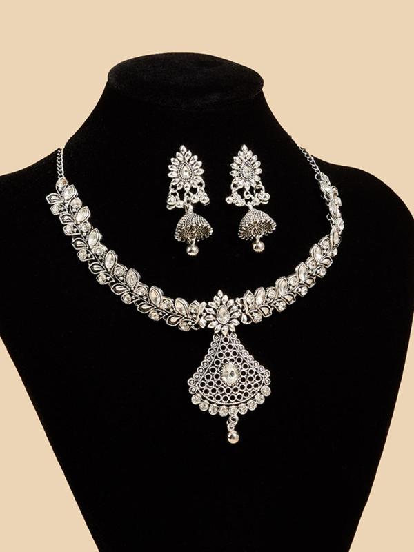 Women's Elegant Boho Style Jewelry Set, Exquisite Trendy Rhinestone Decorated Pendant Necklace & Dangle Earrings, Chic Jewelry Set for Party Decoration 2