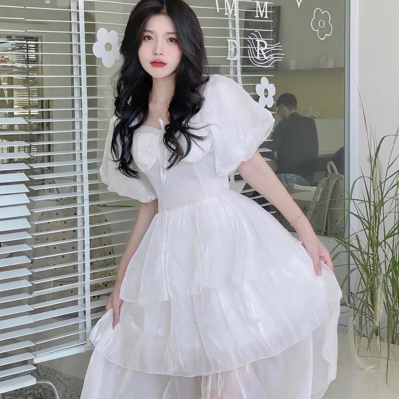 Loại 1 Đầm công chúa ba tầng Moon FREESHIP váy organza mặc dự tiệc kỉ yếu sinh nhật đám cưới Nữ Voan Nữ Voan Women Dress Trắng hồng pastel