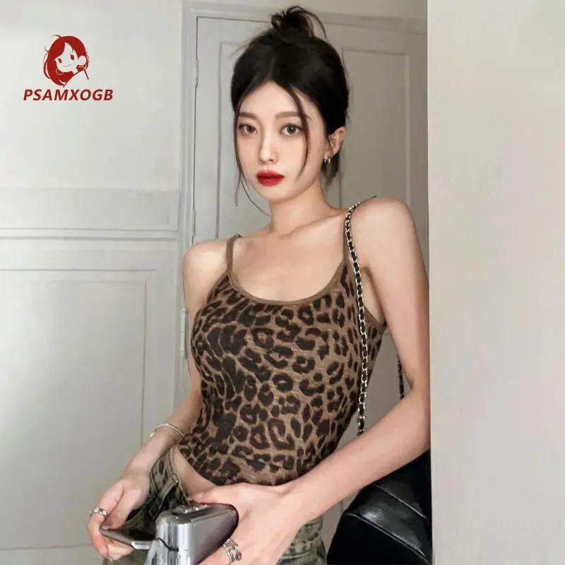 Women's Leopard Camisole Slim Fit Scoop Neck Sleeveless Backless Spaghetti Strap Tank Tops for Party Club Cocktail