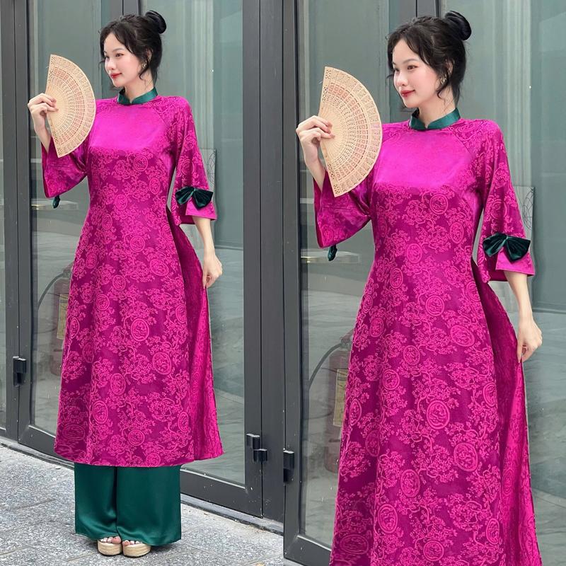 Áo Dài Nữ Thiết Kế EMME V1997 Form Suông Cổ Đứng Tay Loe Đính Nơ Nhung Cách Điệu [ Kèm Quần Lụa ] 7