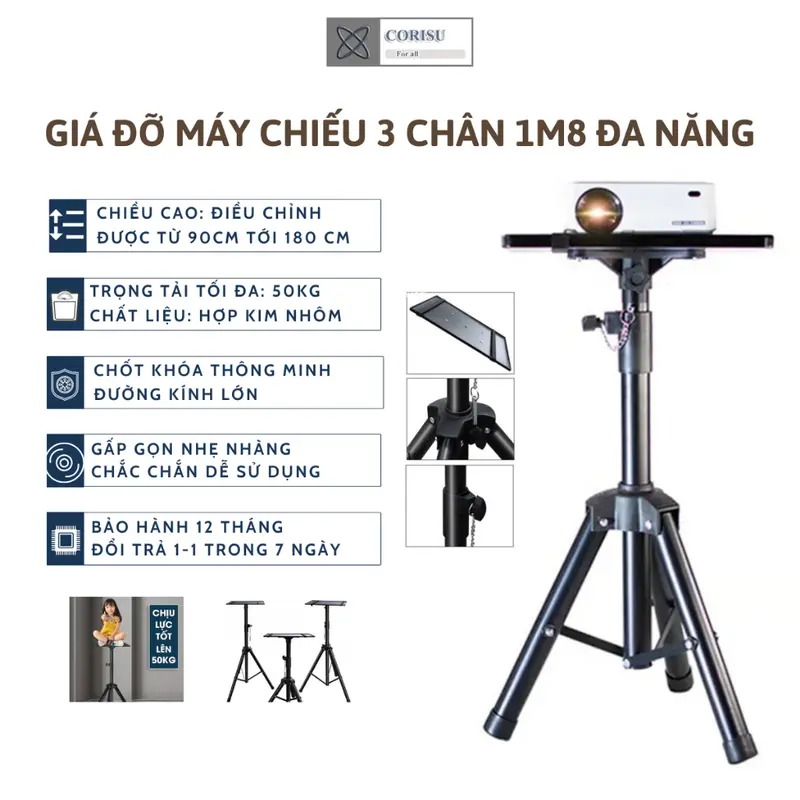 Giá Đỡ Máy Chiếu 3 Chân 1m8 Corisu Đa Năng Di Động, Điều Chỉnh Độ Cao Linh Hoạt, Có Thể Gấp Gọn, Nhẹ, Chắc Chắn Dễ Dùng Phụ Kiện 0