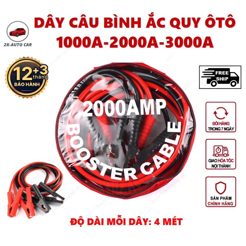 Dây câu bình acquy ôtô 2000A - 4 mét, câu sạc, kích khởi động ôtô , dây cứu hộ xe tải, xe hơi, xe máy, xe đạp điện