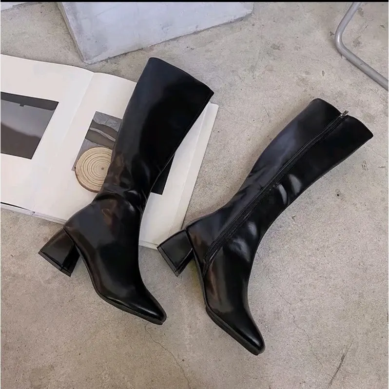 Bốt đùi nữ đế vuông boots da mềm lót lông đế cao 5cm 3