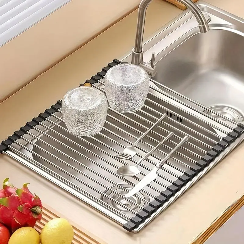 Stainless Steel Dish Drying Rack, Foldable Dish Drainer, Fruit & Vegetable Filter Basket, Kitchen Space Saving Dish Drying Rack, Organiser