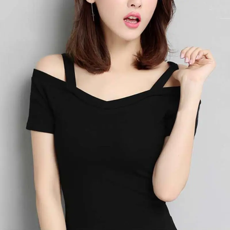 Áo Thun Nữ, Trễ Vai Và Dây Đeo, ngắn Tay, Màu Trơn Dáng Ôm, Áo Chui Đầu, Thích Hợp Cho Mùa Hè, Phong Cách Thời Trang Đường Phố 8