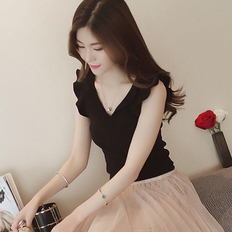 Đồ Len Phong Cách Hàn Quốc, Hàng Mới Về Mùa Xuân Hè, ngắn Tay, Dành Cho Nữ, Mỏng Vừa Vặn, Cổ Chữ V, Tay Bay, Áo Mặc Trong Thường Ngày