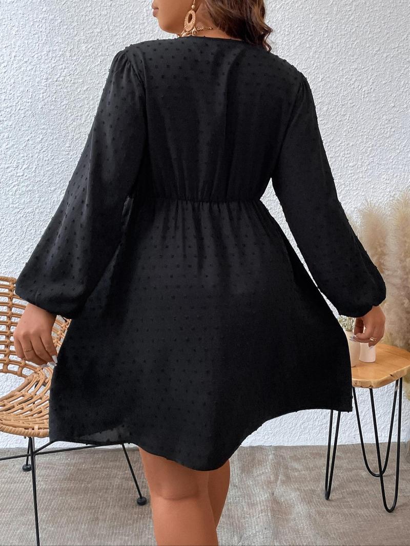 Product Introduction of 【Plus Size】 Plain Swiss Dot Wrap V Neck Bishop Sleeve A Line Dress, Plus Elegant Long Sleeve Short Dress for Spring & Fall, Women's Clothes for Daily Wear, Holiday Dresses 13