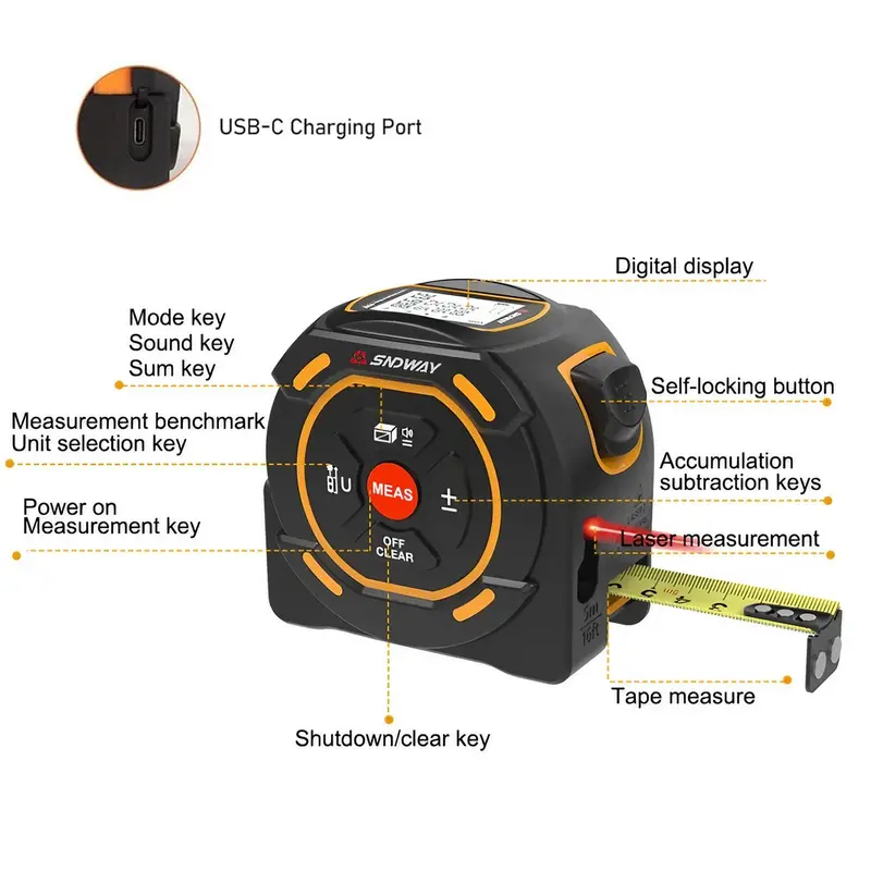 2 in 1 Laser Rangefinder, USB Rechargeable High Precision Digital Measuring Tool, Portable Handheld Measuring Tool for Home Decor, Construction 2