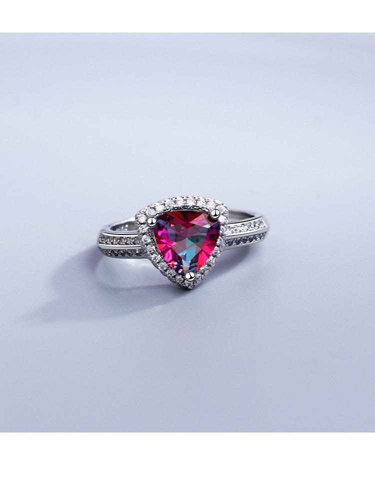 Product Introduction of New Colorful Diamond Ring for Women Fashionable Elegant Open Ring European and American Light Luxury Style AB Color Triangle Zircon Ring 6