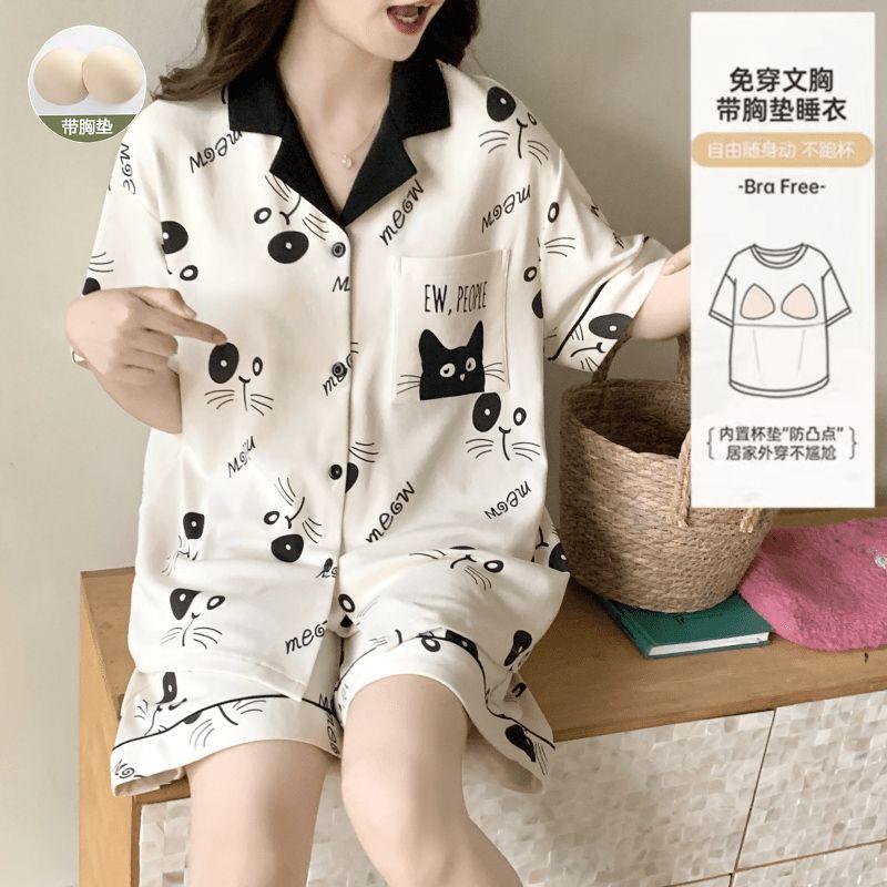 Product Introduction of Bộ Đồ Ngủ Mùa Hè Cho Nữ, Có Đệm Ngực, Áo Cardigan ngắn Tay, Quần Đùi, Bộ Đồ Mặc Ở Nhà Dễ Thương, Hàng Mới Về, Với Thiết Kế Hình Mèo, 2024 1