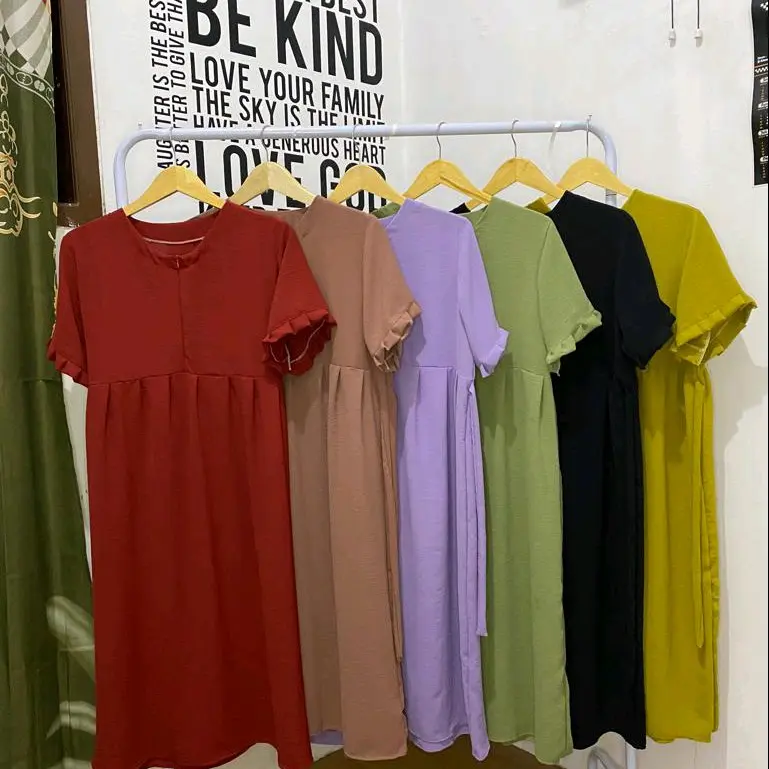 Kirana Top Dress Crinkle Airflow Jumbo Busui Frenly Polos Nyaman Rempel Wanita Variasi Melar Samping Casual Kain Panjang gaun tidur Lembut Basic Garis Atasan Linen Baju Tangan Midi
