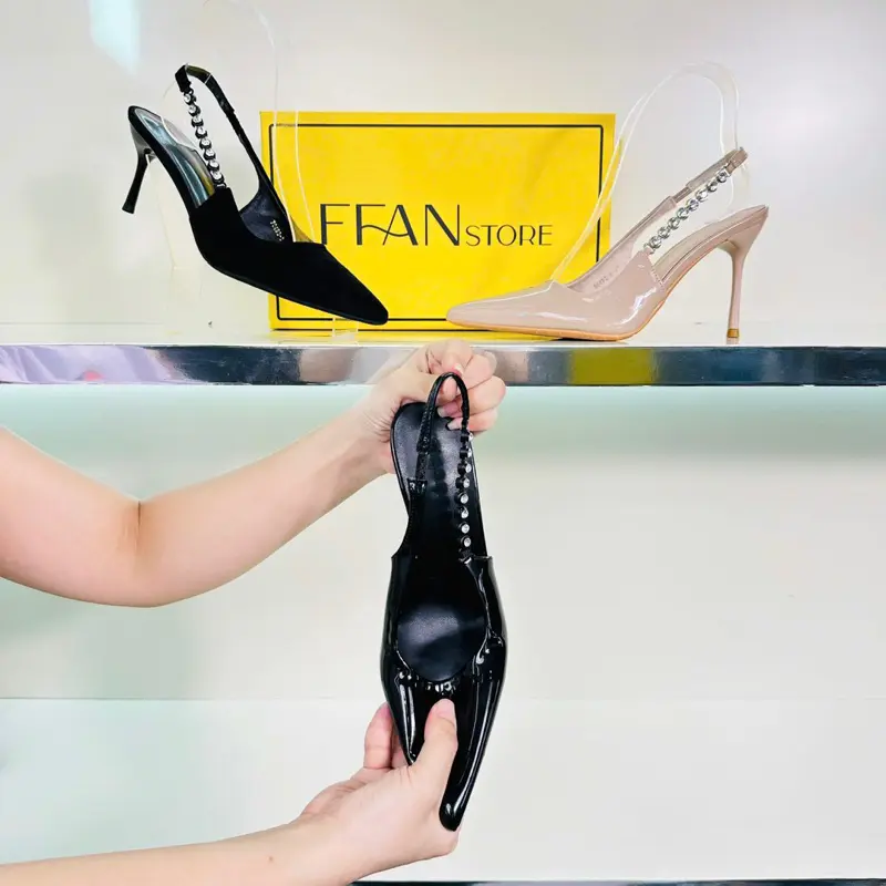Giày cao gót mũi nhọn hở gót [da mềm mại] 9033 FFAN STORE, gót nhọn 7 9 phân bít mũi đính đá bigsize màu đen be da lộn DéP Nữ 2
