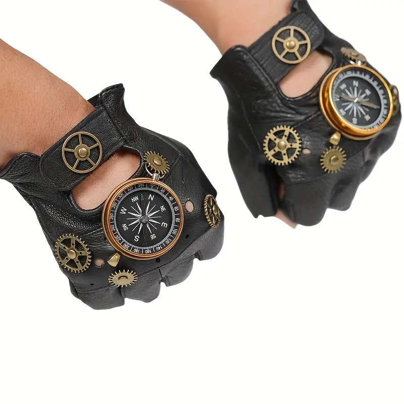 1pair Steampunk-Inspired Fingerless Gloves, Faux Leather With Metal Compass And Gears, Punk Rock Style, Rivet Accents, Halloween Cosplay Accessory 1