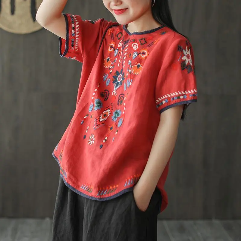 Women's T-shirt Cotton and Linen Embroidered Summer Retro Artistic Loose All-Match Top Womenswear Lingerie Blouses Lady Comfort Crewneck Streetwear Floral Round Neck Short Sleeve Casual