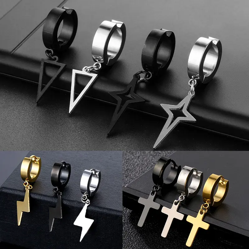 Kẹp Tai Đinh Tán Màu Đen, Unisex, Phong Cách Punk, Mặt Dây Chuyền Hình Học, Tam Giác Và Ngôi Sao, Bông Tai Lủng Lẳng, Thích Hợp Cho Phụ Nữ, Gothic, [PPP] 1 Cái