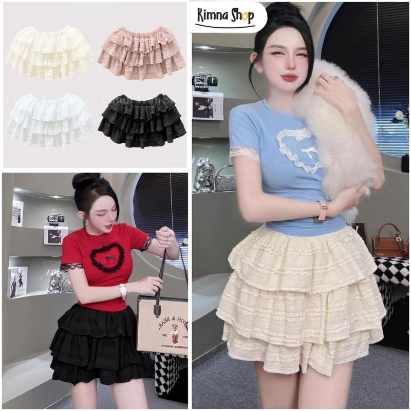Chân Váy Ren Ngắn Coquette Xòe 3 Tầng Có Quần Bảo Hộ