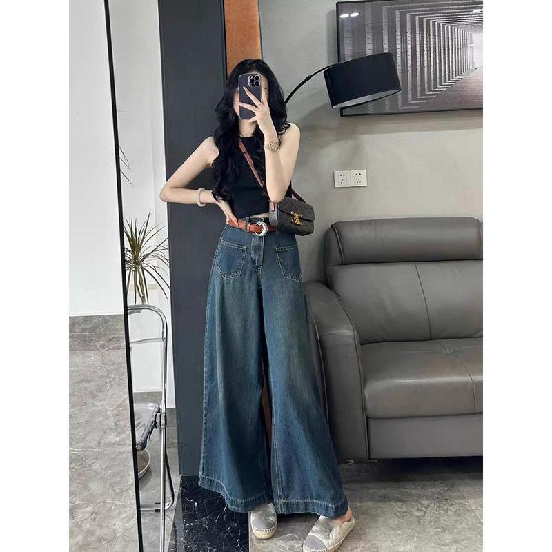 Quần Jean Ống Rộng Phong Cách Cổ Điển Cổ Điển Quần Jean Ống Đứng Quần Nữ Mùa Hè Thiết Kế Giặt Cạp Cao Dáng Rộng Rãi Và Bó Sát Quần Ống Rộng Loe Lớn Quần Jean