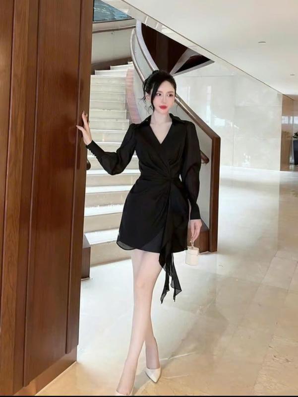 ĐẦM ĐI TIỆC CỔ SƠ MI VẠT CHÉO BIGSIZE 60KG - 90KG Nữ Women Đen