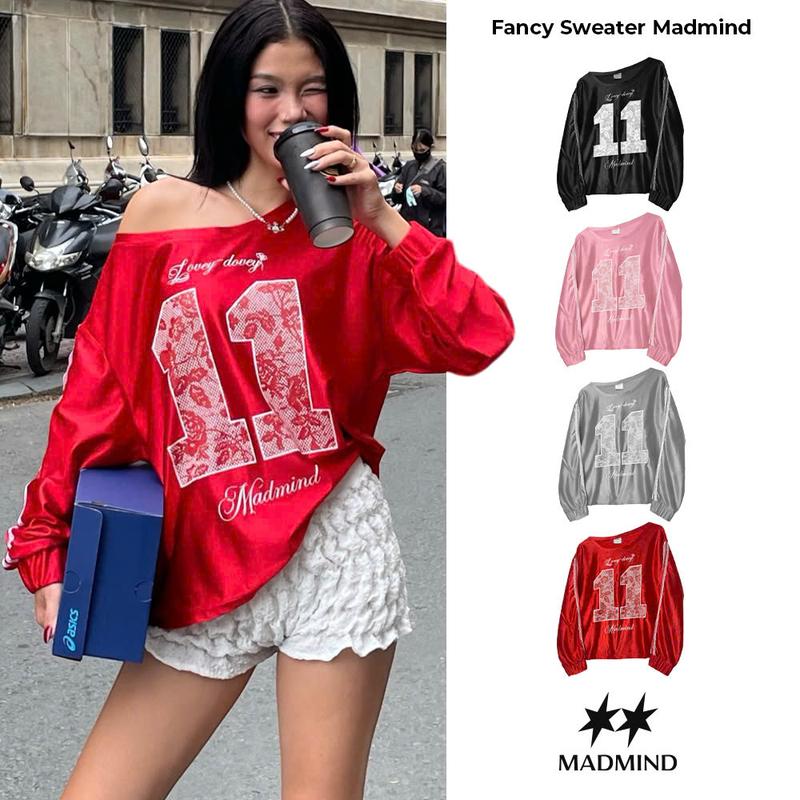 Áo Nữ Trễ Vai Dài Tay Phối 2 Sọc Ren Fancy Sweater MADMIND - Áo Lệch Vai 1 Bên Chéo Màu Đen / Hồng / Xám / Đỏ y2k Women Top
