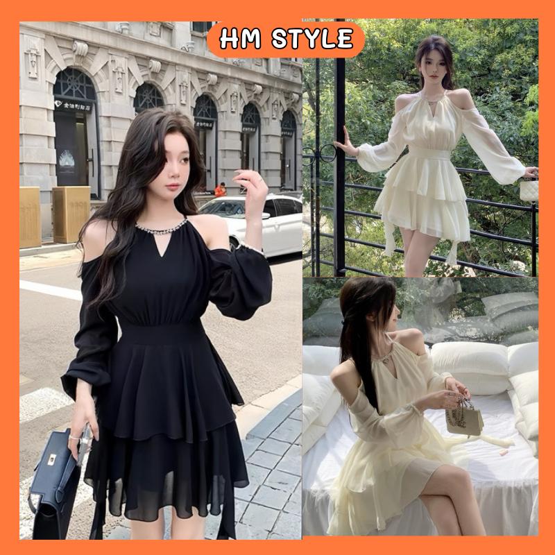 Váy trễ vai 2 tầng dáng ngắn tiểu thư, đầm cổ yếm trễ vai có dây eo phong cách tiểu thư HV182
