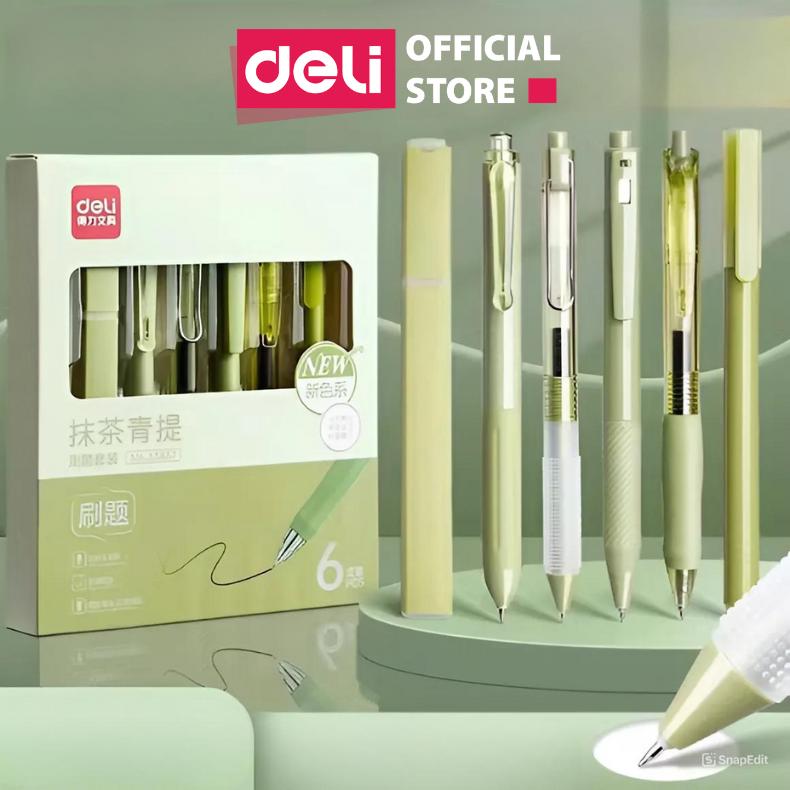 Set 6 bút cao cấp Deli - 3 bút gel ngòi ST 1 bút gel ngòi chóp 1 bút gel ngòi kim needle và 1 highlight - Mực đen nhanh khô viết trơn tru