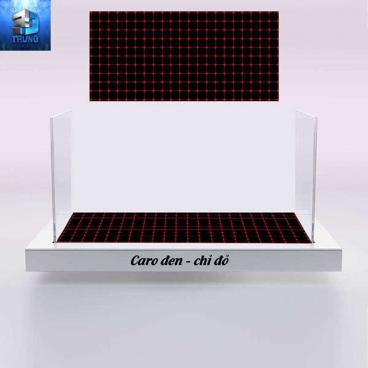 Tranh 3D hồ cá đáy caro đen chỉ đỏ, decal 3 lớp có keo sẵn in theo kích thước yc