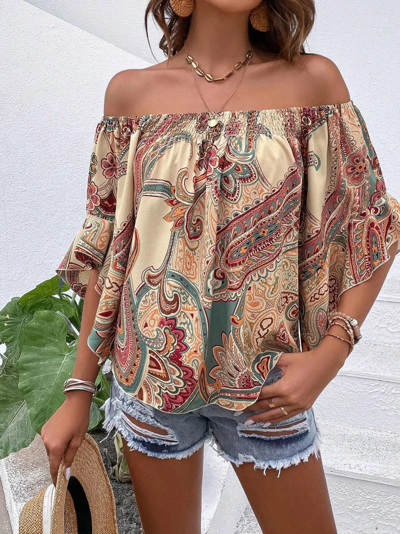 Women's Paisley Print Off Shoulder Blouse, Boho Fashion Casual Top for Daily Holiday Vacation Wear, Ladies Clothes for Summer