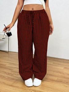 【Plus Size】 Plaid Print Drawstring Waist Wide Leg Pants, Casual Comfy Trousers for Women, Women's Bottoms for Fall & Winter